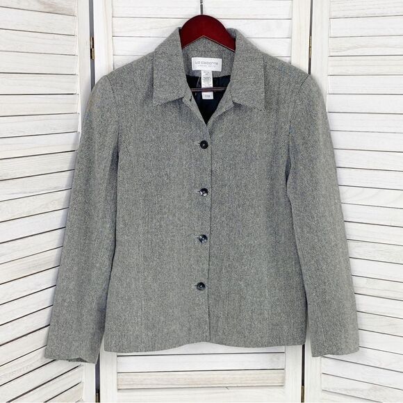 Liz Claiborne LizSport Herringbone Tweed Button Front Blazer Black White 14P - Picture 7 of 12